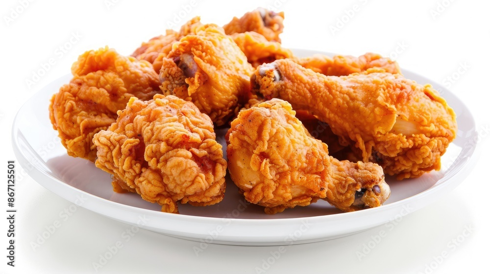 Tasty fried chicken pieces served on a clean white plate, isolated for a mouthwatering food photography Tasty fried chicken pieces served on a clean white plate, isolated for a mouthwatering food photography
