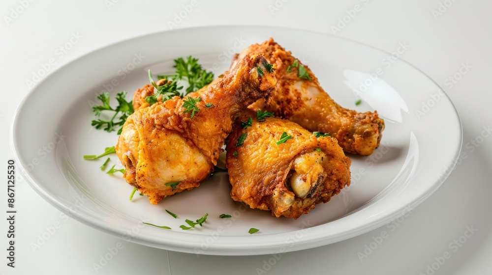 Tasty fried chicken pieces served on a clean white plate, isolated for a mouthwatering food photography Tasty fried chicken pieces served on a clean white plate, isolated for a mouthwatering food photography