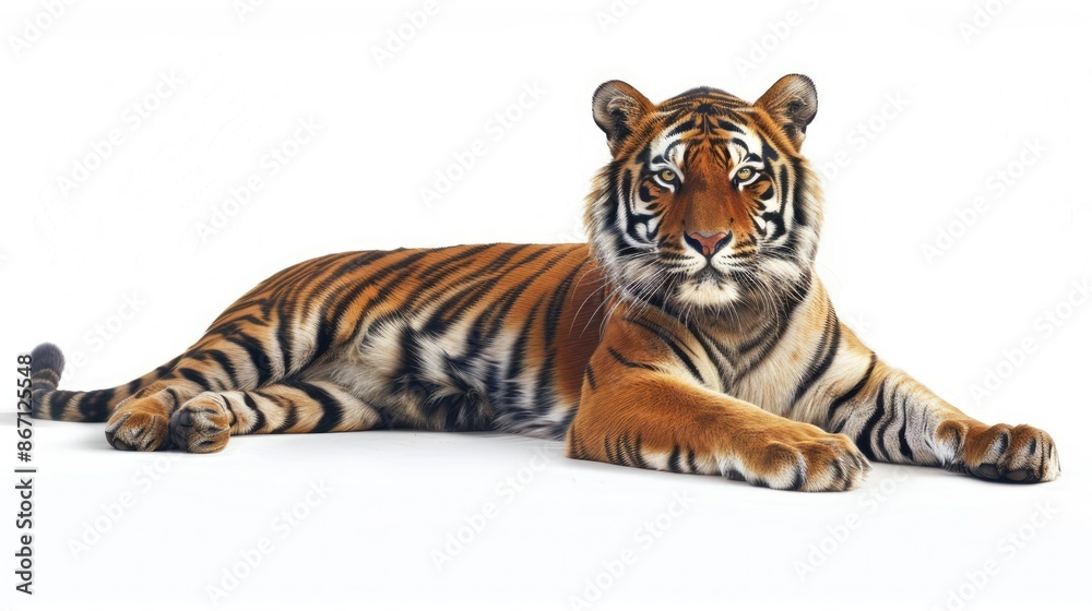 Obraz premium Tiger lounging gracefully, isolated on white, capturing its relaxed yet alert demeanor