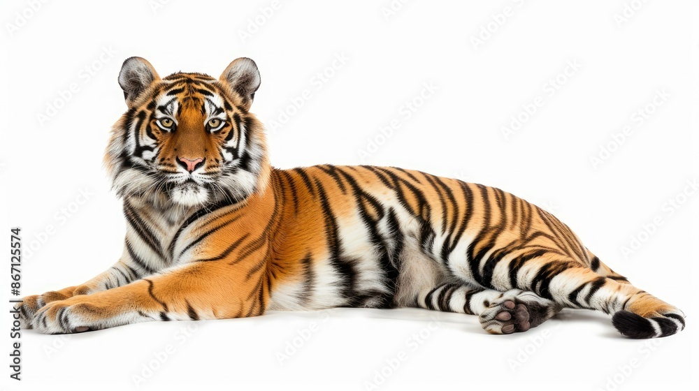 Tiger lying down with a focused gaze, isolated on a clean white background, showcasing its regal beauty Tiger lying down with a focused gaze, isolated on a clean white background, showcasing its regal beauty