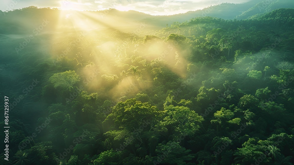 Tropical mountain forest at sunrise, captured in an aerial view with lush green trees and morning light