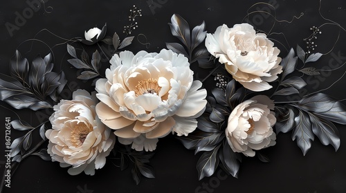 Elegant white peonies on a black background