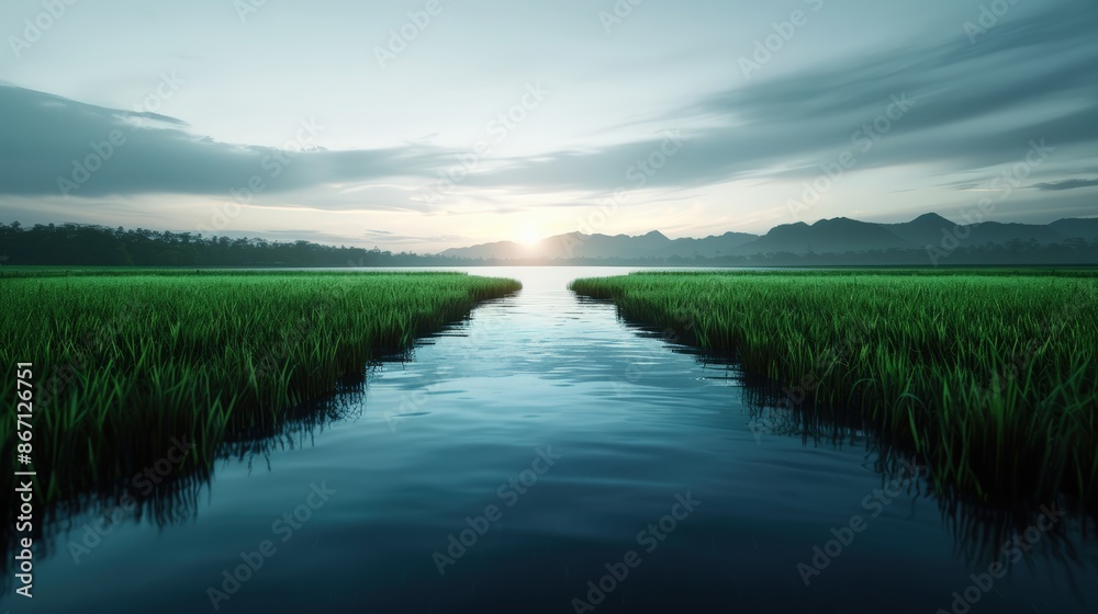 Obraz premium Serene sunrise over a calm river flowing through a lush green field. The sky is a soft blue with fluffy clouds. Peaceful and tranquil scene.