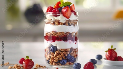 A mason jar layered with fresh berries honeysweetened yogurt and crunchy granola for a refreshing parfait. photo