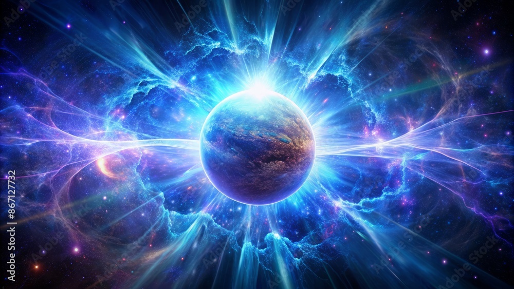 Vibrant blue and purple shockwave erupts from abstract glowing orb, radiating intense energy amidst swirling dark matter particles and stardust. Vibrant blue and purple shockwave erupts from abstract glowing orb, radiating intense energy amidst swirling dark matter particles and stardust.