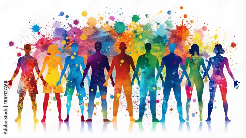 Vibrant splashes of colorful paint on a white background form abstract silhouettes symbolizing diversity and multicultural unity without human figures. Vibrant splashes of colorful paint on a white background form abstract silhouettes symbolizing diversity and multicultural unity without human figures.