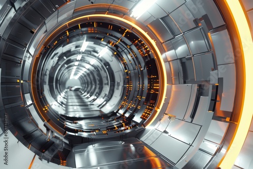 Futuristic metallic tunnel with glowing lights, perfect for technology, science fiction, or abstract backgrounds.