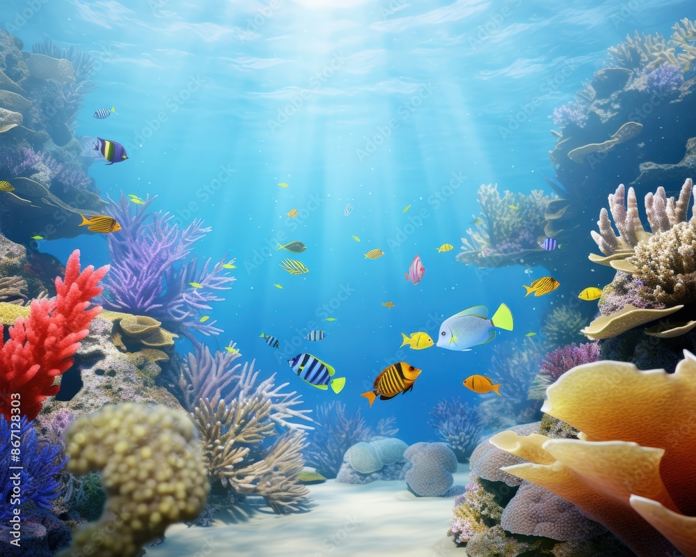 Naklejka premium Vibrant coral reef teeming with colorful fish, bathed in sunlight. A serene underwater scene.