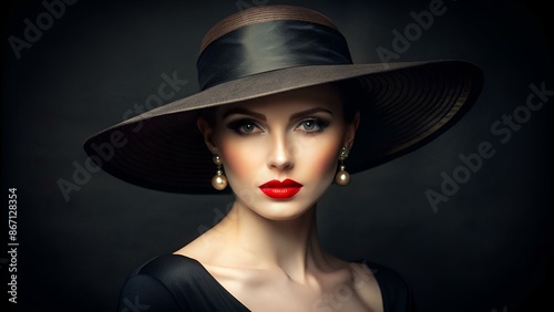 Woman Beauty in Hat, Elegant Fashion Model Retro Style Portrait on Black