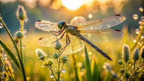 Delicate dragonfly perched on dew-kissed weeds amidst serene morning landscape, fragile beauty surrounded by lush greenery and soft golden light.