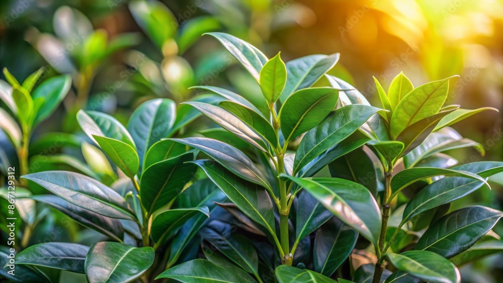 Obraz premium Glossy dark green leaves of cherry laurel bush against a blurred natural background in a modern minimalist ambiance.