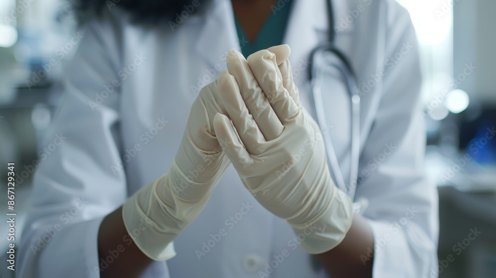 A doctor puts on white latex gloves before working in a medical setting A doctor puts on white latex gloves before working in a medical setting