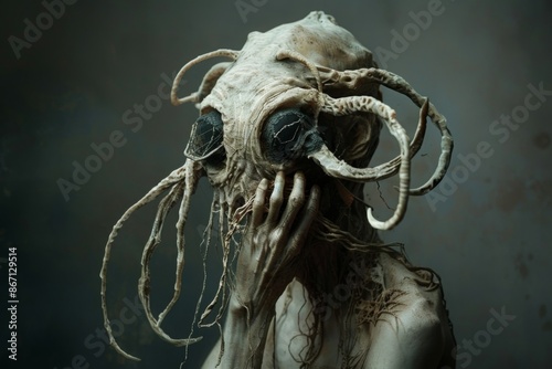 The humanoid creature with multiple tentacles and large black eyes holding its face