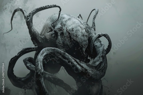 The octopus-like creature with tentacles and alien features in dark background