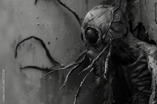 The insect-like humanoid with large eyes and tentacles in black and white setting
