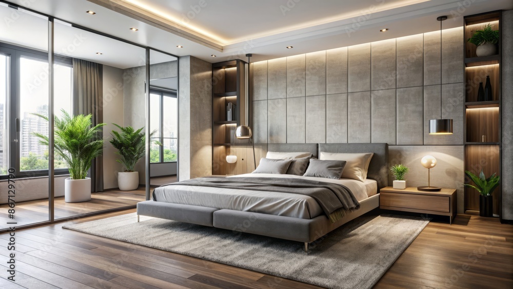Fototapeta premium Sleek minimalist bedroom features a massive mirror above a low-profile platform bed with plush bedding and subtle modern decor.