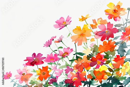 Colorful watercolor painting of a vibrant bouquet of mixed flowers, set against a simple white background with generous copyspace, © 6ixpoint6