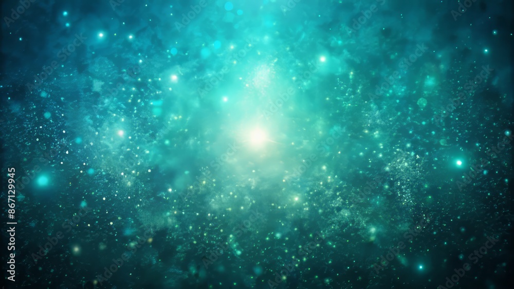 Obraz premium Dark, mystical, retro-inspired teal to blue gradient background with intense glowing light, rough grain, and luminous bright speckles.