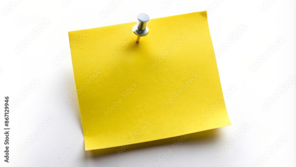 A solitary bright yellow sticky note with a gleaming silver pin anchored to a pristine white background, awaiting inspiration. A solitary bright yellow sticky note with a gleaming silver pin anchored to a pristine white background, awaiting inspiration.