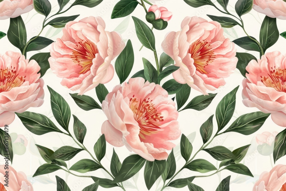 Seamless pattern of elegant pink peonies with lush green leaves on a light background, perfect for textiles, wallpapers, and digital designs. Seamless pattern of elegant pink peonies with lush green leaves on a light background, perfect for textiles, wallpapers, and digital designs.