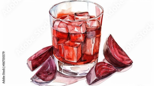 Watercolor beet juice, deep red, glass with beet slices, isolated on white background photo