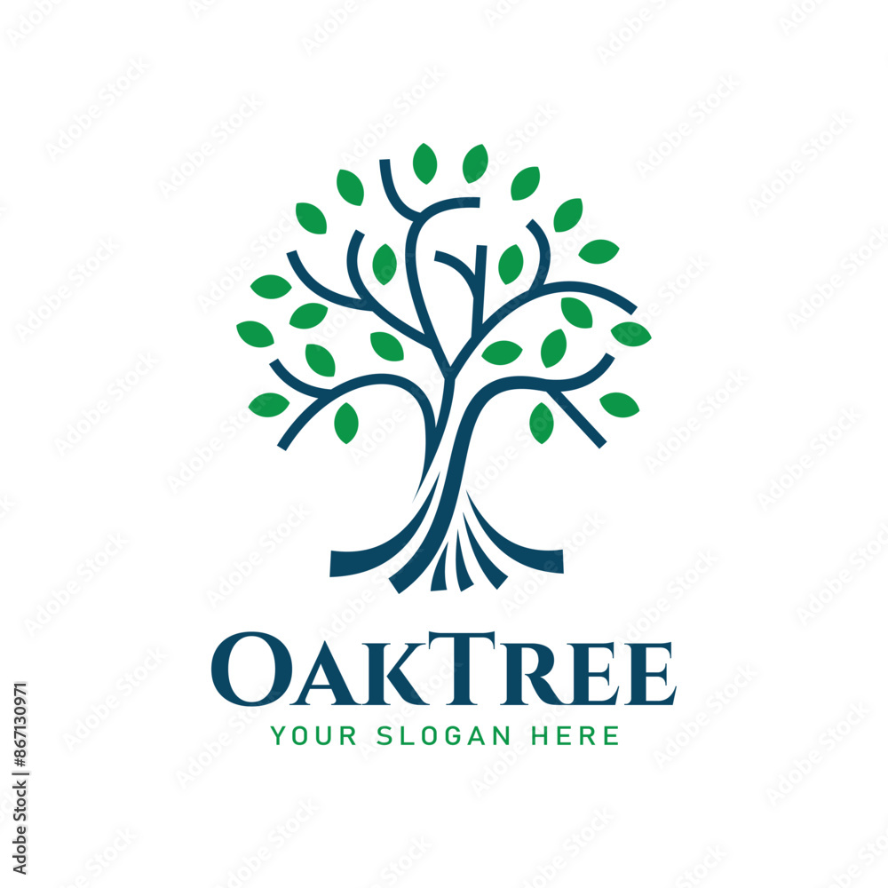 Obraz premium Elegant and modern Oak Tree This logo consists of an illustration of an oak tree with a strong trunk and branches spreading green leaves. For businesses related to nature, the environment