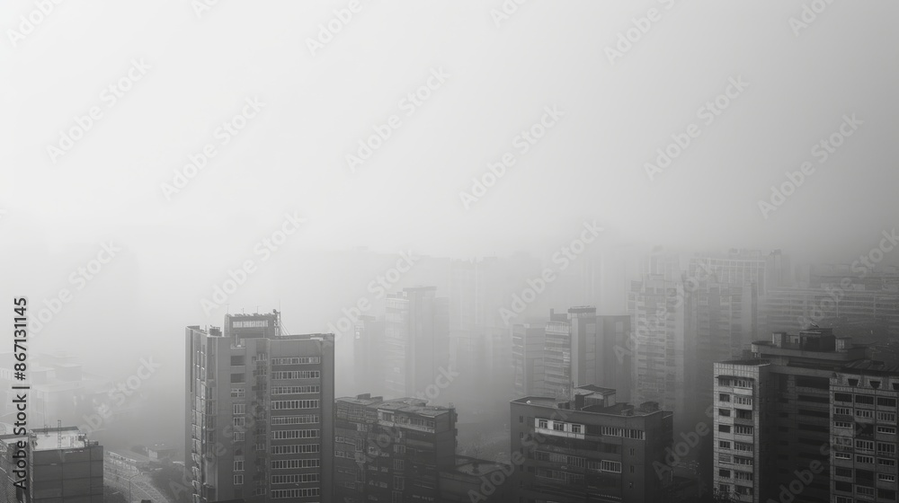 Obraz premium A hazy cityscape barely visible through a thick layer of smog, emphasizing the impact of PM25 on visibility