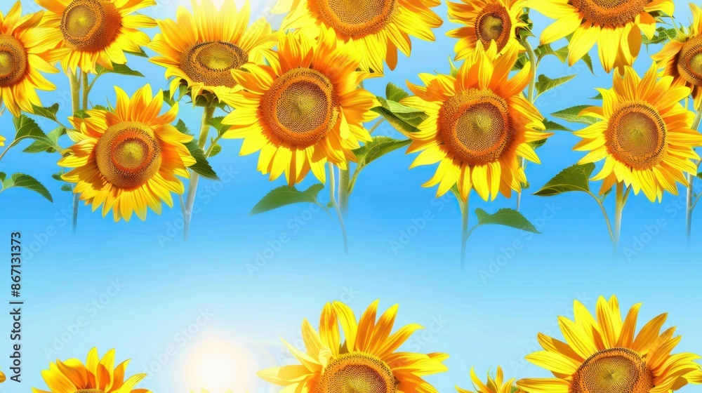 A vibrant field of sunflowers basking in the warm sunshine. The yellow petals glow against the bright blue sky. A vibrant field of sunflowers basking in the warm sunshine. The yellow petals glow against the bright blue sky.