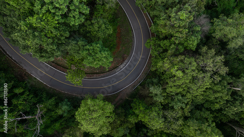Aerial view countryside asphalt road curve passing through the green forest and mountain, Road curve in the middle of the jungle green forest, Curve road in woodlands outdoor adventure trip.