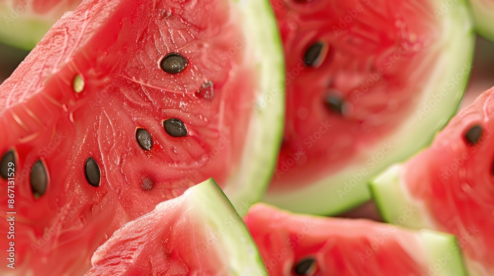 Close up of fresh watermelon slices, red flesh and black seeds, summer fruit, healthy and delicious. Close up of fresh watermelon slices, red flesh and black seeds, summer fruit, healthy and delicious.