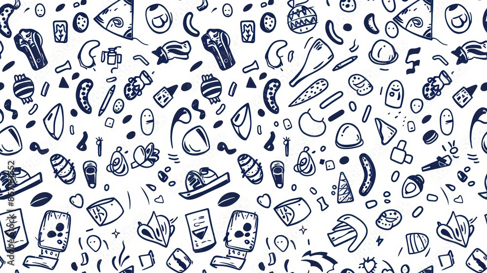 A seamless pattern with hand-drawn blue doodles on a white background. A seamless pattern with hand-drawn blue doodles on a white background.