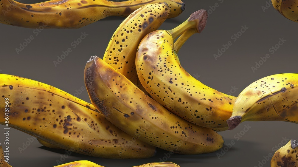 Close-up of overripe bananas with brown spots, arranged in a pattern on a gray background. Close-up of overripe bananas with brown spots, arranged in a pattern on a gray background.