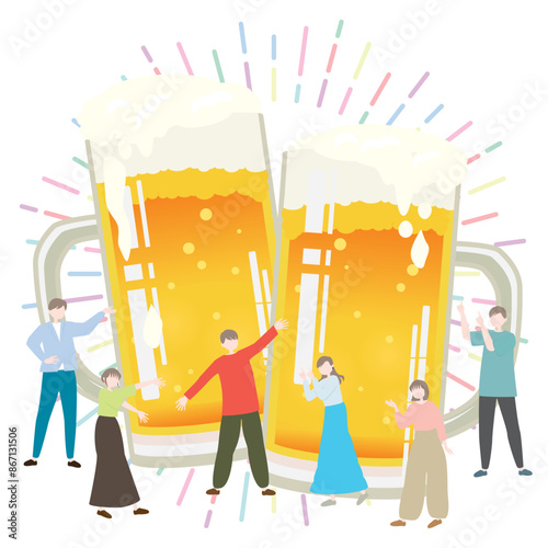 生ビールで乾杯する楽しそうな人々のベクターイラスト