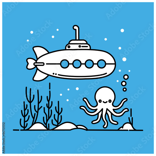 Monoline vector of submarine in the sea simple