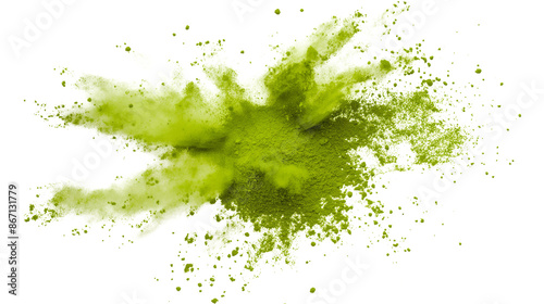 Matcha powder explosion isolated on a transparent background