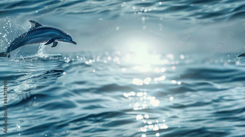 Fototapeta premium Two playful dolphins leap from the water, sun sparkling on the waves.