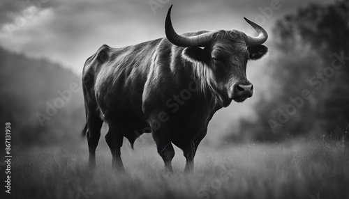 A very old, longhorned steer in a field during the daytime. photo
