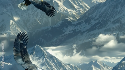 Two majestic eagles soar above a breathtaking snow-capped mountain range. photo