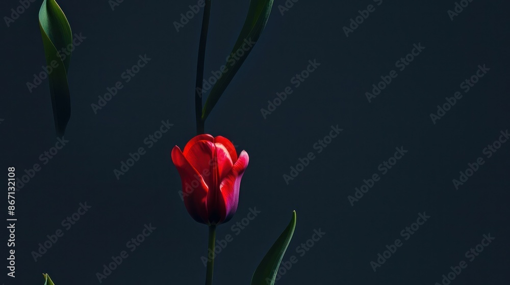 Obraz premium Single red tulip with green leaves against a dark blue background.