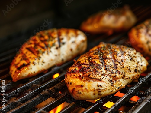 Grilled chicken breast on a barbecue grill with flames, close up