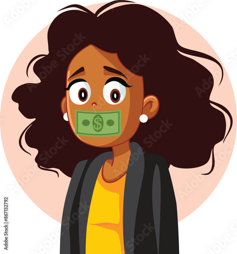 Lady Being Silenced by Money Vector Concept Drawing. Corrupt corporate lawyer with hush bribery money
