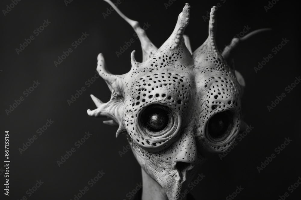 Fototapeta premium Abstract creature with large eyes and textured skin in black and white