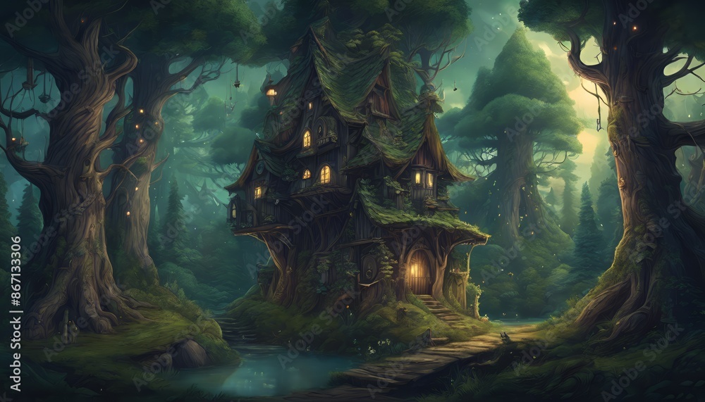 Obraz premium Medieval Fantasy Elf Village inside the Dark Forest Wallpaper Illustration