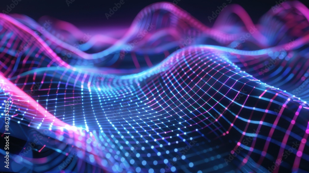 Abstract background with glowing neon colored waves and grid. Concept of technology, science, music, and digital world. Abstract background with glowing neon colored waves and grid. Concept of technology, science, music, and digital world.