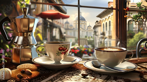 a cup of coffee on a table in front of a street with a city lights in the background,
Coffee cup on table with beautiful autumn landscape and city background
