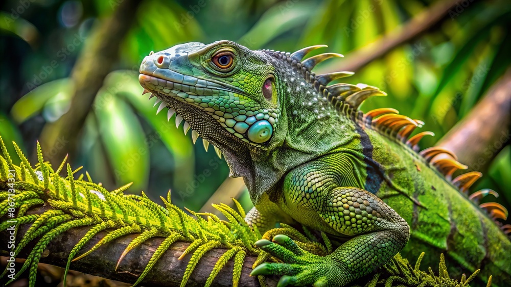 Obraz premium Vibrant green iguana perches on moss-covered tree branch, its scaly skin glistening against a lush, bright green tropical foliage background.