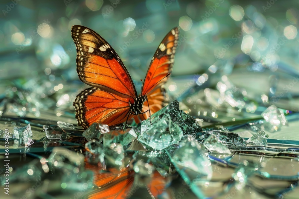 Orange and black butterfly standing on shards of broken glass with its reflection visible Orange and black butterfly standing on shards of broken glass with its reflection visible