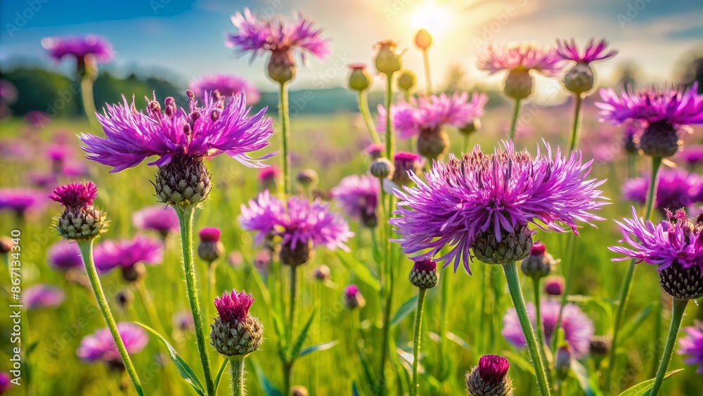 Delicate purple flowers of Centaurea nigra bloom in a lush green meadow on a sunny summer afternoon landscape. Delicate purple flowers of Centaurea nigra bloom in a lush green meadow on a sunny summer afternoon landscape.