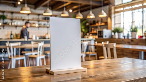 Wallpaper Mural Empty white menu sign poster mockup on display paper lies on a clean wooden countertop in a modern minimalist cafe setting. Torontodigital.ca