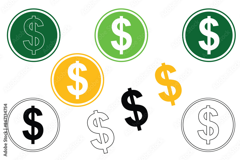 Dollar coins sign set, Dollar sign, money icon isolated vector illustration, Dollar currency symbol. Dollar coins sign set, Dollar sign, money icon isolated vector illustration, Dollar currency symbol.